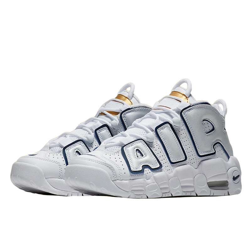 Nike uptempo navy blue and white shop