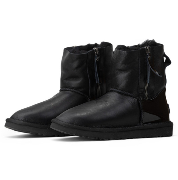UGG Classic Short Double Zip Black Leather Lacquer